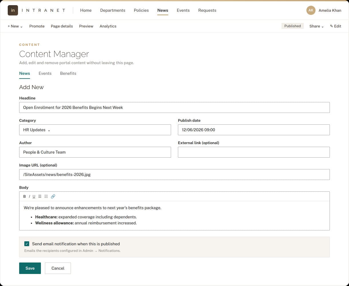 A guided content publishing form