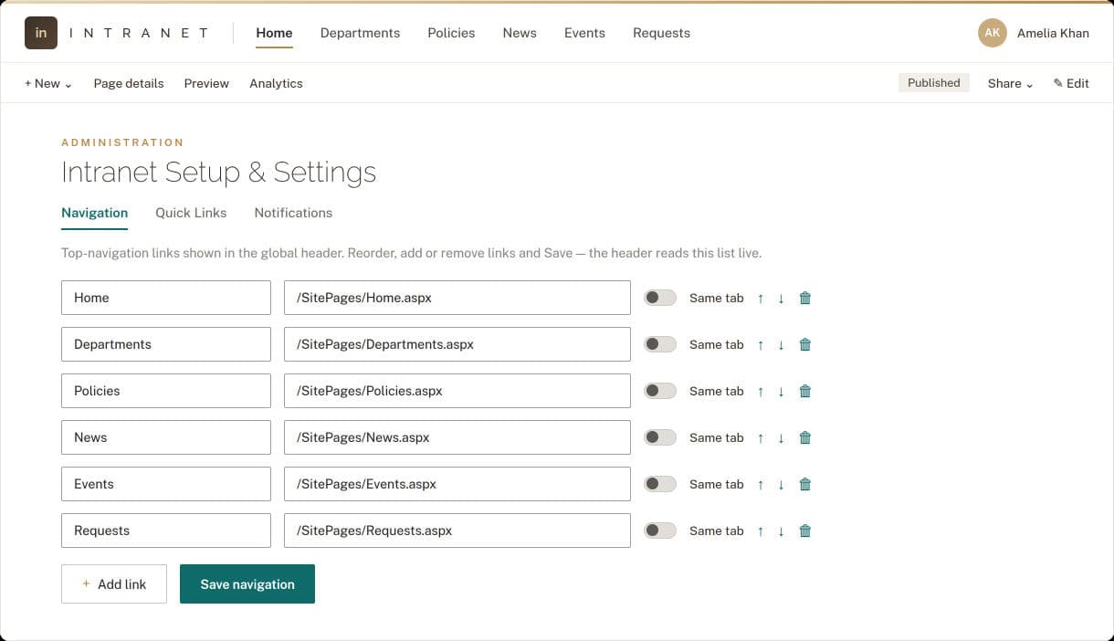 Navigation configuration screen