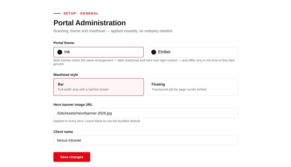 Administration screen for theme, menus and content