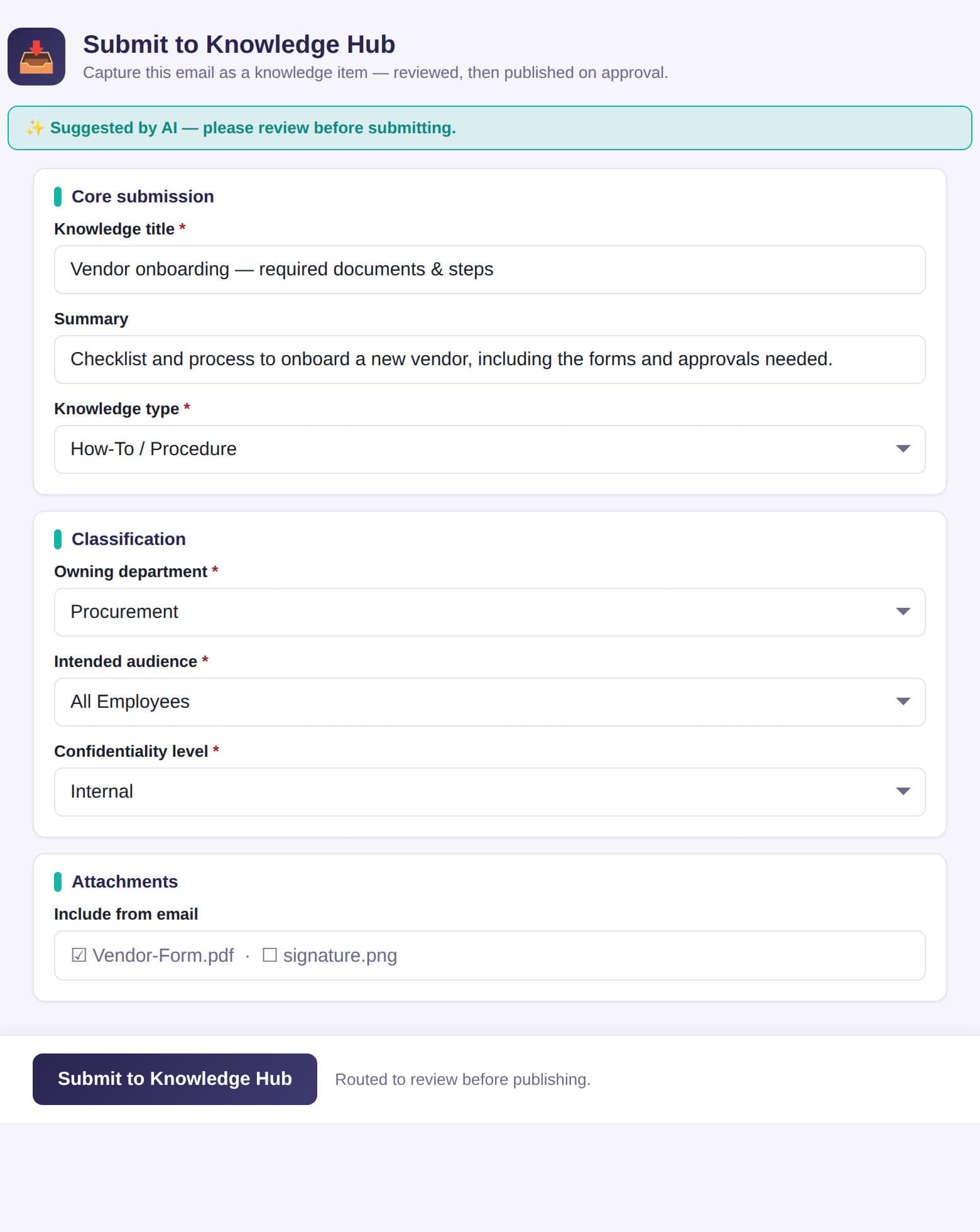 The same capture form beside an Outlook email, with attachments to include