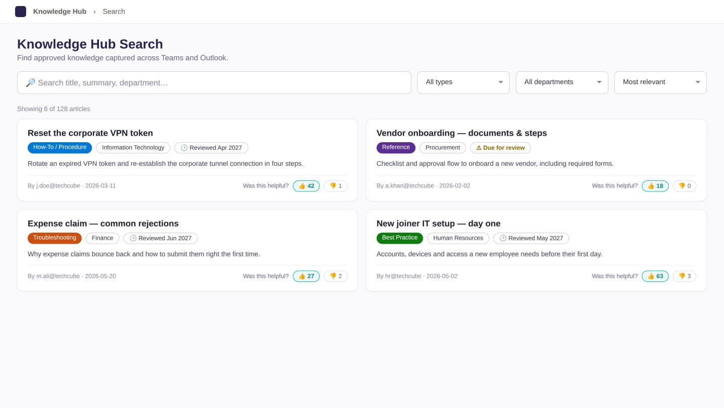 Knowledge hub search with type and department filters