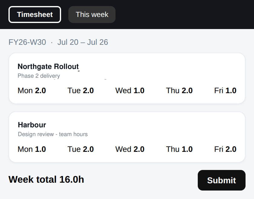 The same timesheet on a phone
