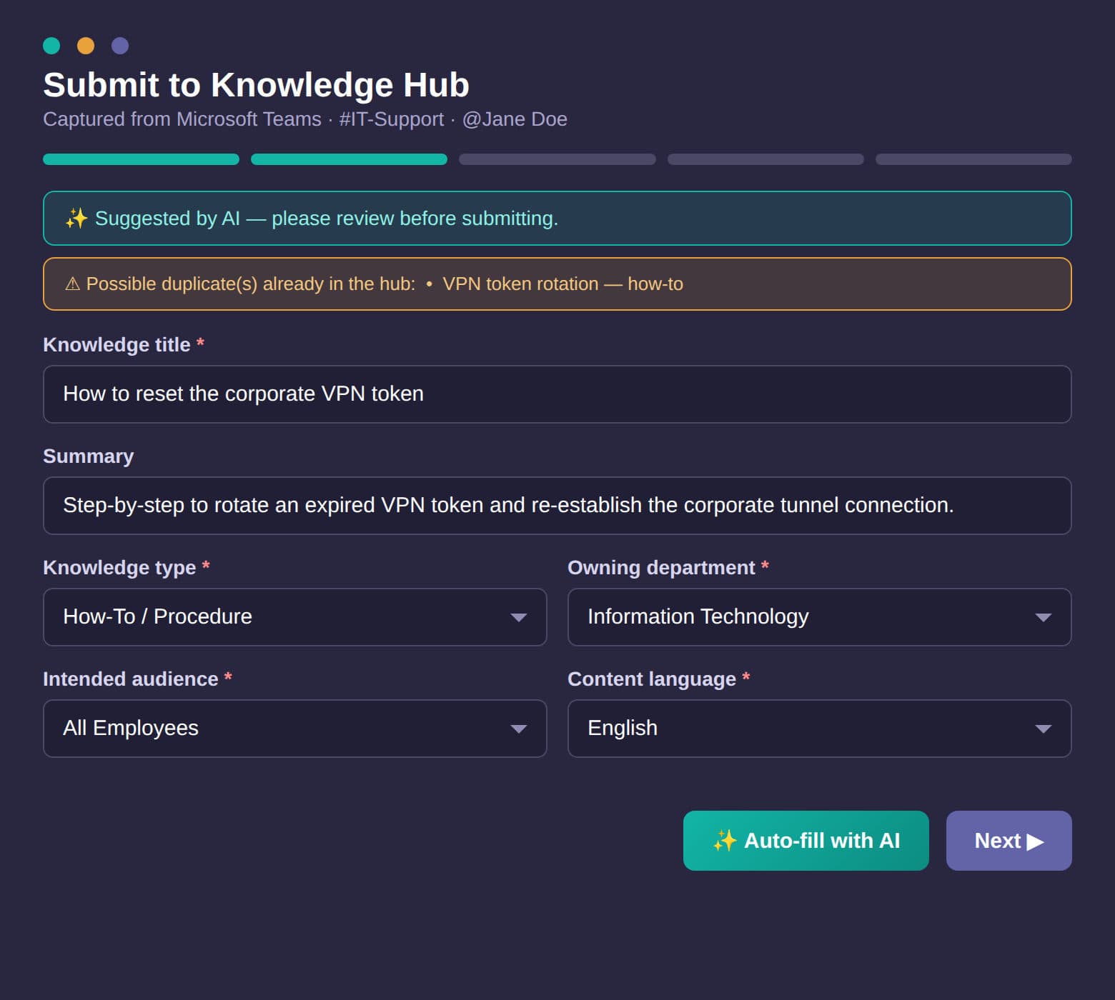 Teams Knowledge Capture interface